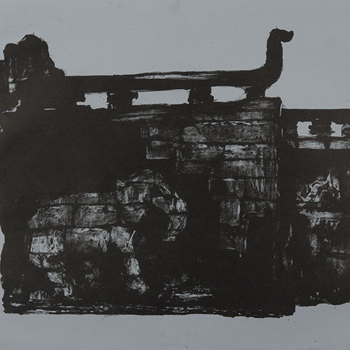 Elephant wall on blue, 16X10in, lithograph, 2012